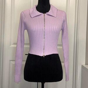 Y2K‎ Collared Rib Knit Sweater — Lilac Zip Front S